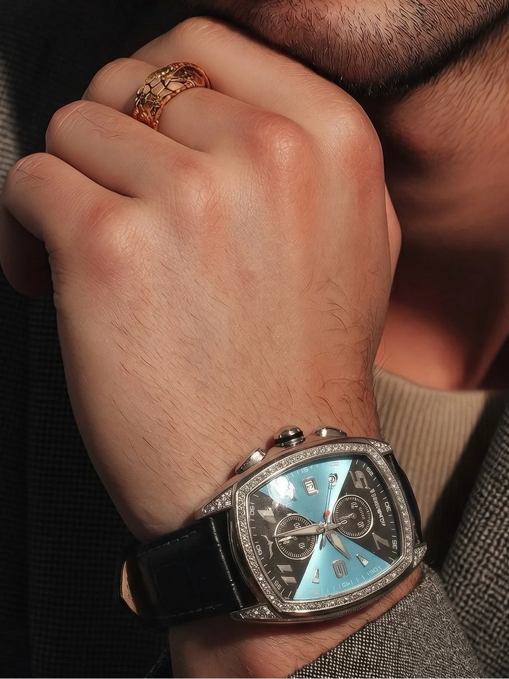 AquaSwiss Ice Prism Crystal Diamond Blue & Black Chrono Date Watch Leather Band
